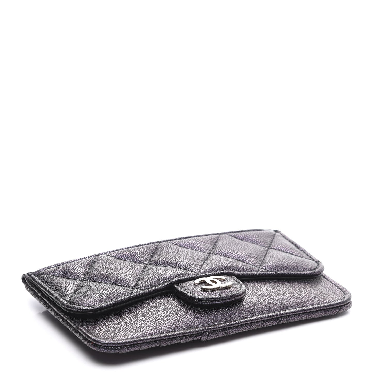 Iridescent Caviar Quilted Flap Zip Card Holder Black