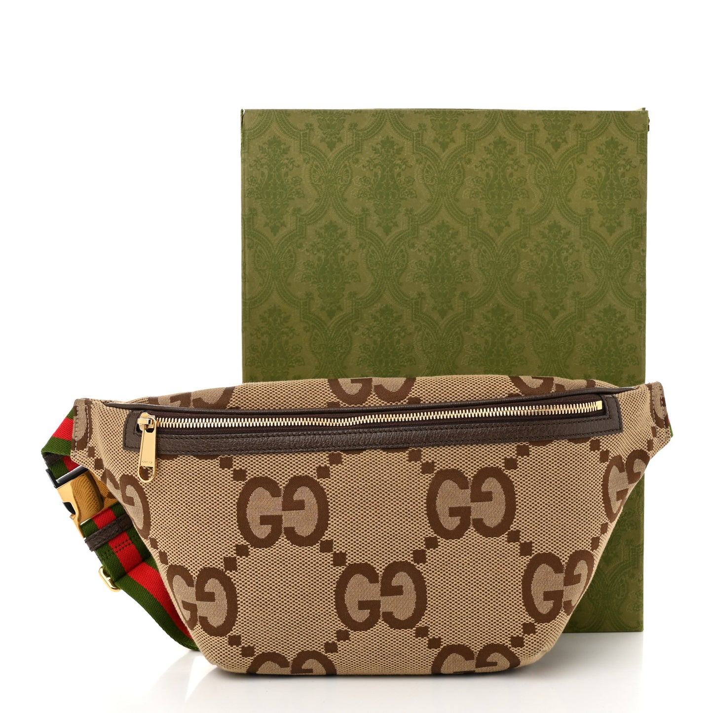 Monogram Jumbo GG Textured Dollar Calfskin Web Belt Bag Camel Ebony New Acero
