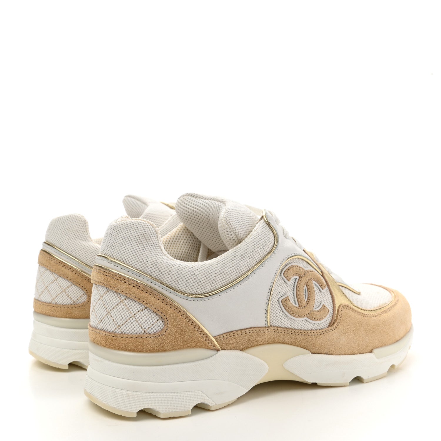 Chanel Suede Calfskin CC Sneakers 37.5 Beige Gold 4 of 8