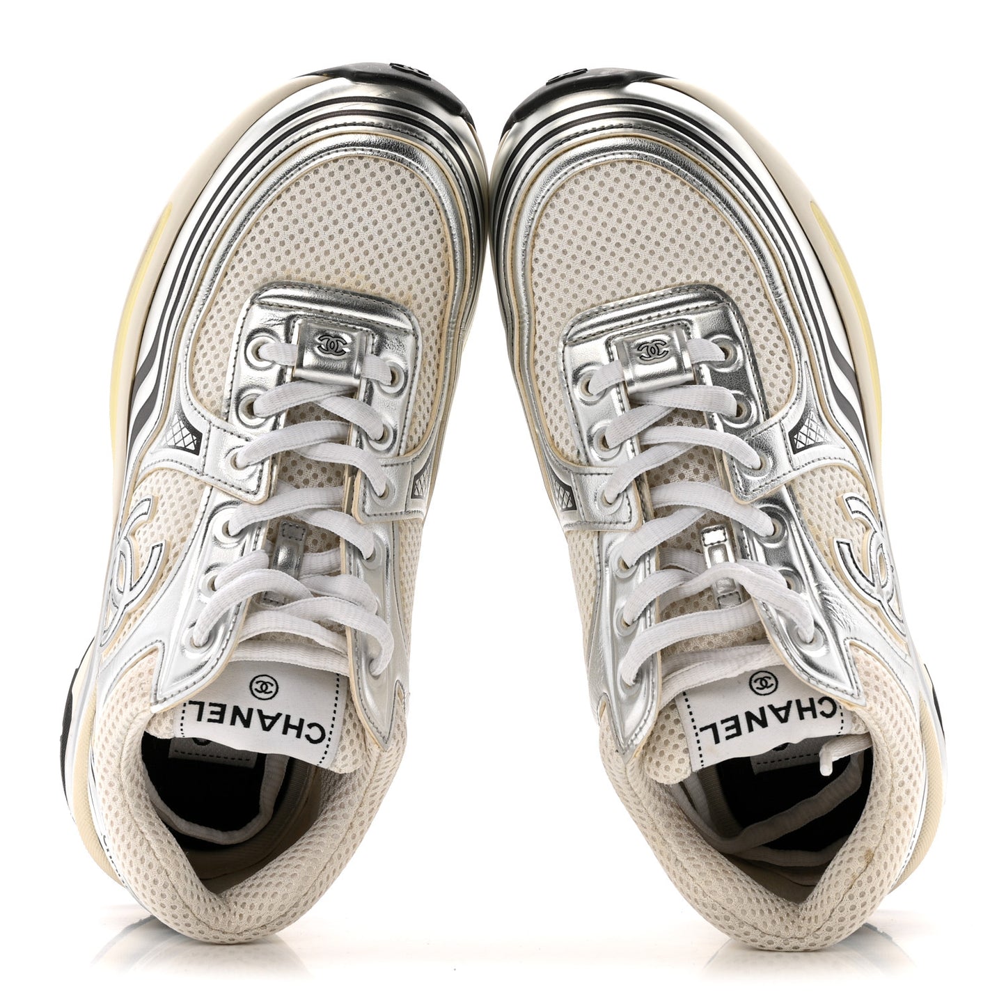 Fabric Laminated Calfskin Stretch CC Womens Sneakers 36 White Silver