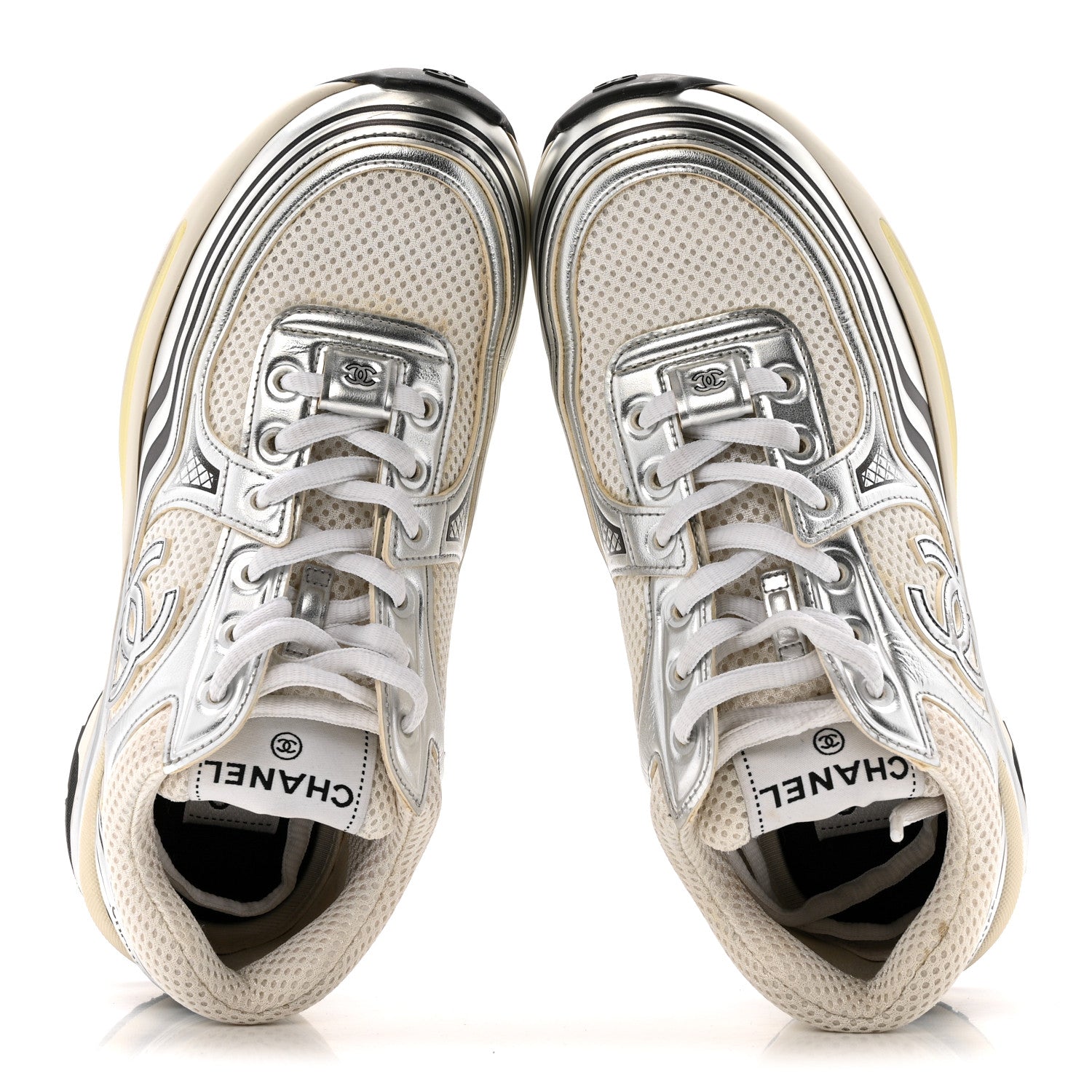 Chanel Fabric Laminated Calfskin Stretch CC Womens Sneakers 36 White Silver 2 of 12