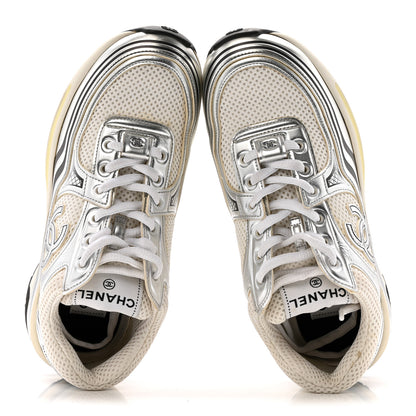 Chanel Fabric Laminated Calfskin Stretch CC Womens Sneakers 36 White Silver 2 of 12