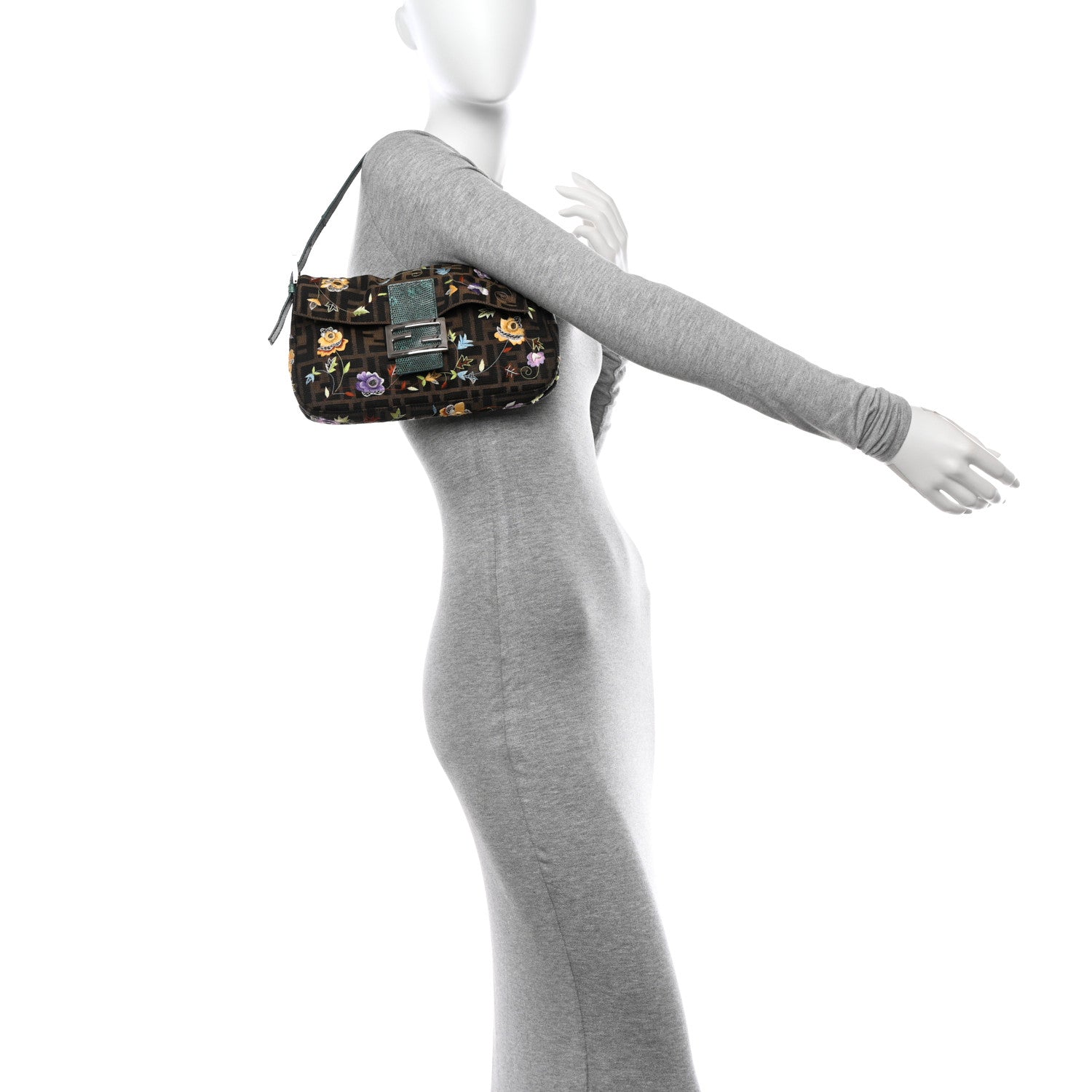 Fendi Zucca Lizard Embroidered Baguette Tobacco Blue Multicolor 2 of 12