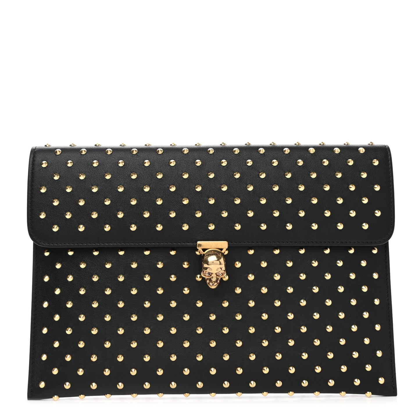 Calfskin Studded Skull Envelope Clutch Black