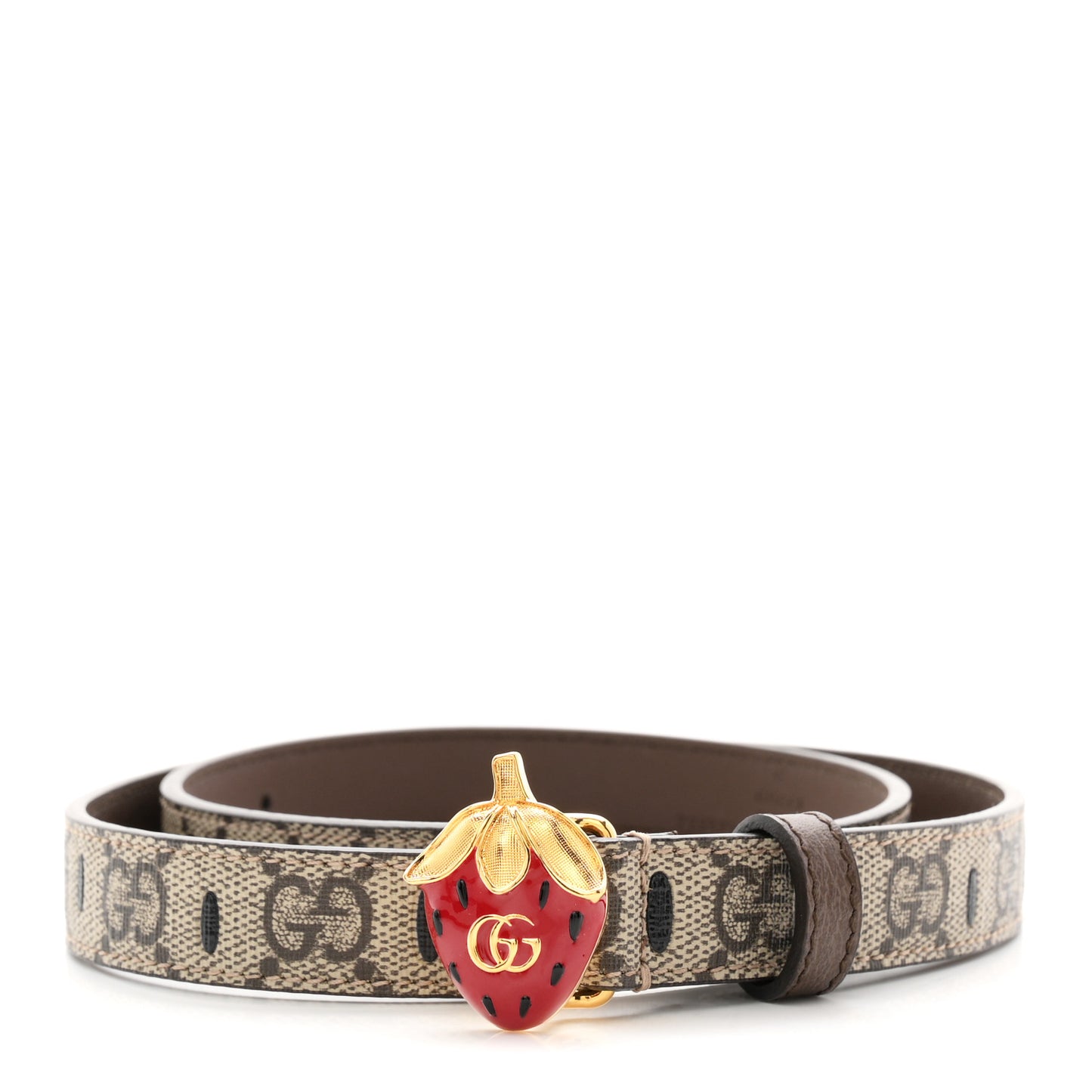 GG Supreme Monogram Calfskin Strawberry Buckle Thin Belt 80 32 Beige Ebony New Acero