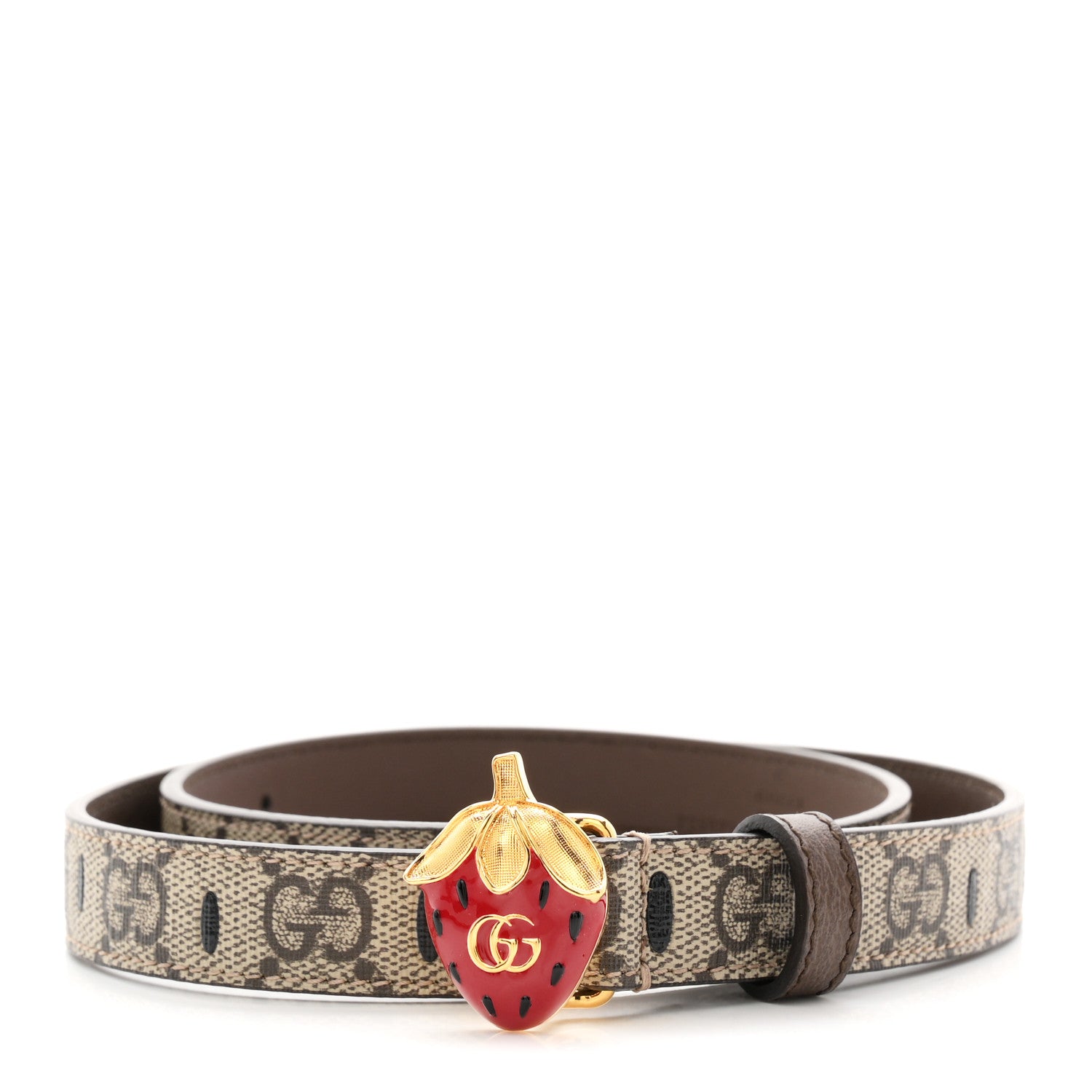 Gucci GG Supreme Monogram Calfskin Strawberry Buckle Thin Belt 80 32 Beige Ebony New Acero 1 of 5