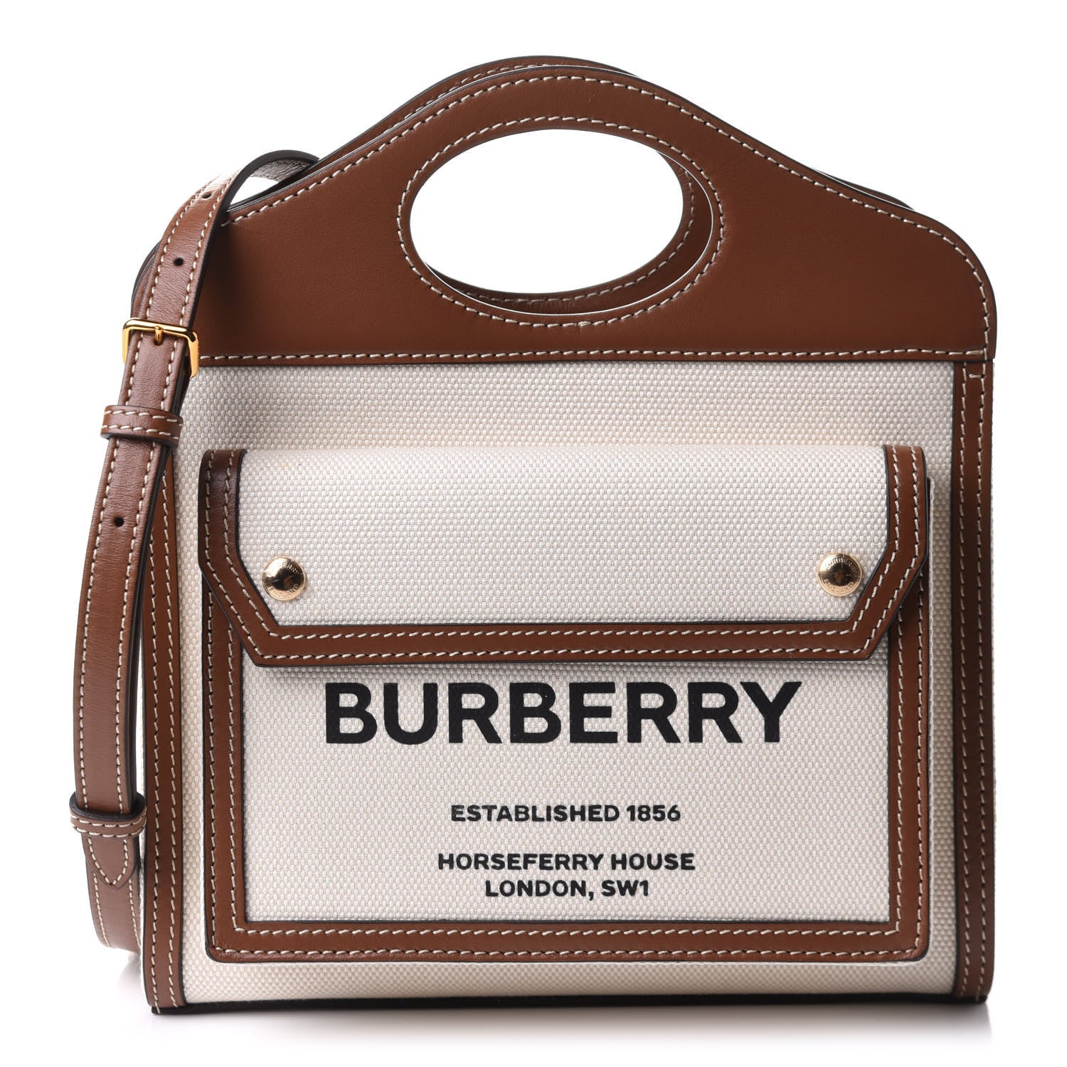 Burberry Canvas Smooth Calfskin Two Tone Mini Pocket Bag Natural Malt Brown 1 of 10
