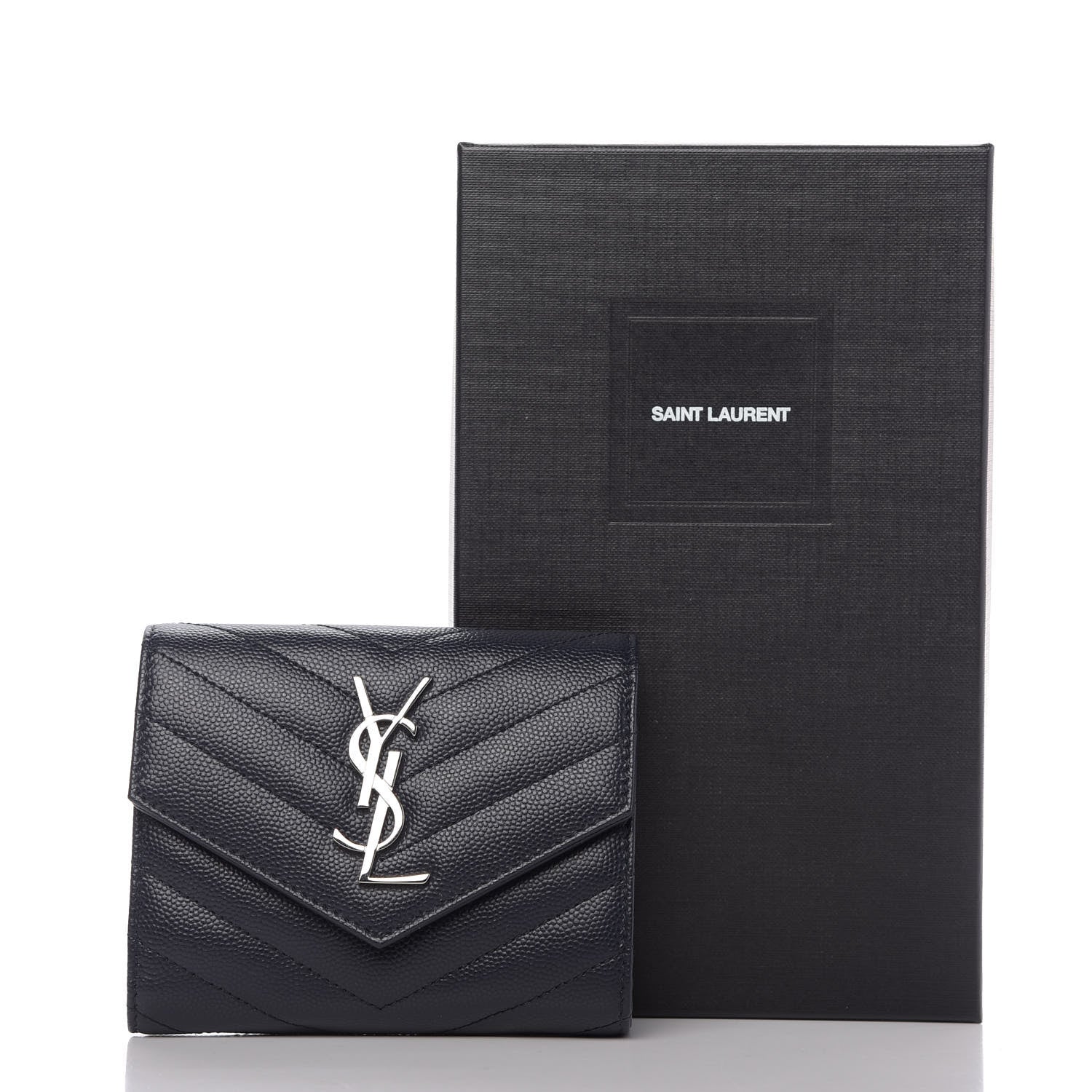 Saint Laurent Grain De Poudre Matelasse Chevron Small Monogram Envelope Wallet Navy 10 of 10