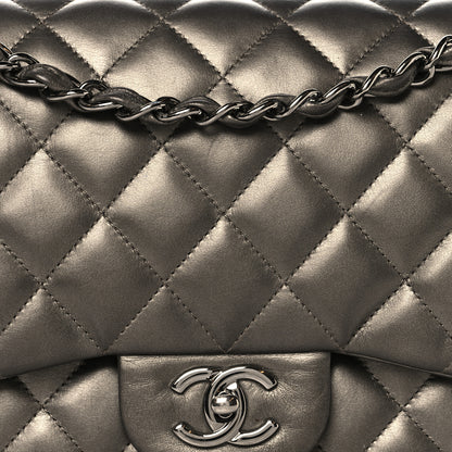 Chanel Metallic Lambskin Quilted Jumbo Double Flap Pewter 8 of 14