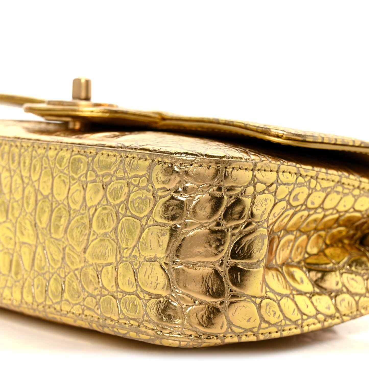Metallic Calfskin Crocodile Embossed Cocodile Rectangular Mini Flap Gold