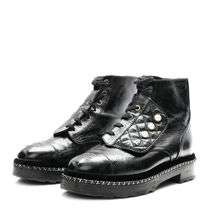 Chanel Crackled Calfskin Velvet Pearl Combat Short Boots 38 Black 4 of 10