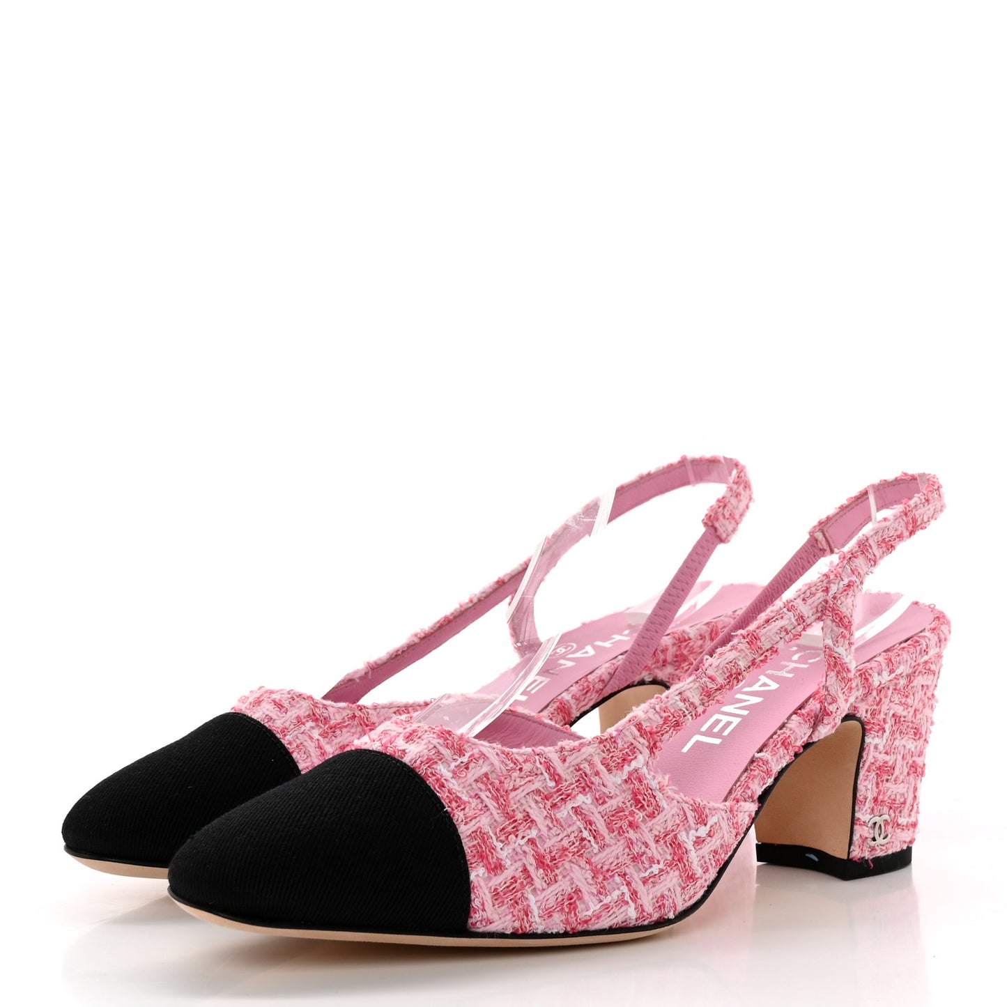 Tweed Grosgrain Cap Toe CC Slingback Pumps 37 Pink Black