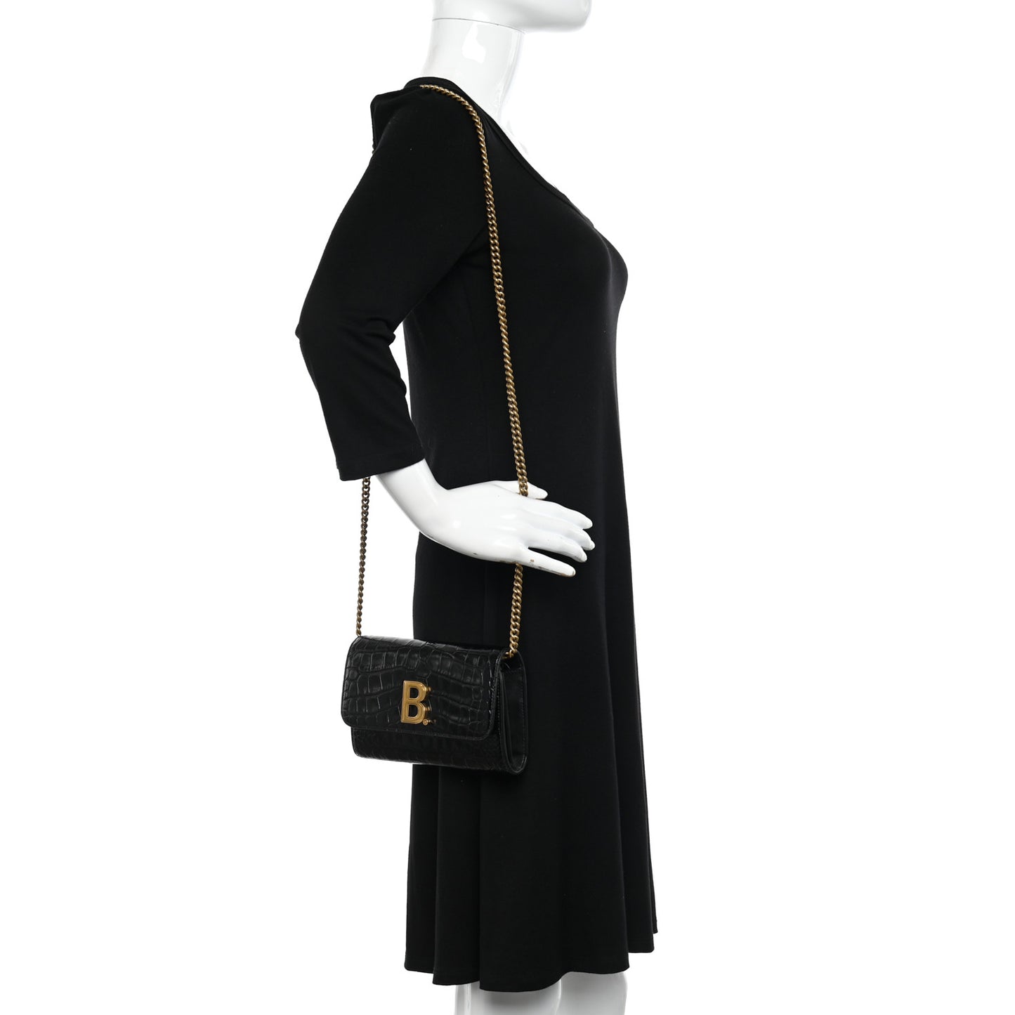 Shiny Calfskin Crocodile Embossed B Continental Chain Bag Black