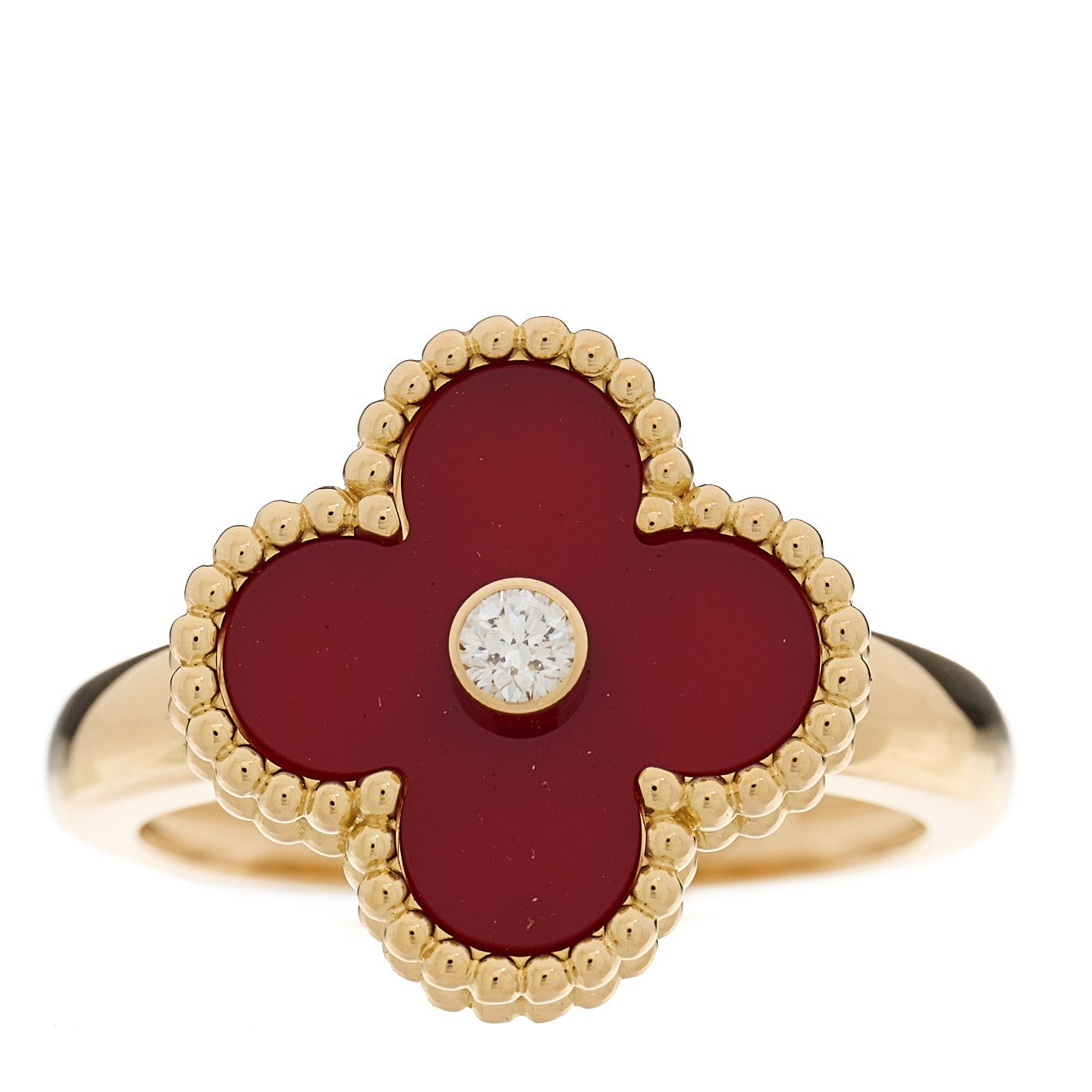 Van Cleef & Arpels 18K Yellow Gold Carnelian Diamond Vintage Alhambra Ring 54 7 1 of 5