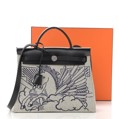 Hermes Vache Hunter Toile H Pegase Pop Herbag Zip Retourne 31 PM Bleu Indigo Ecru Black 12 of 12