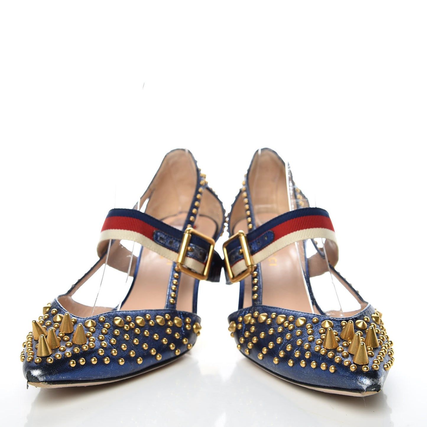 Metallic Nappa Silk Grosgrain Studded Sylvie Web Bamboo Low Heel Pumps 36.5 Sapphire