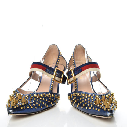 Gucci Metallic Nappa Silk Grosgrain Studded Sylvie Web Bamboo Low Heel Pumps 36.5 Sapphire 6 of 13