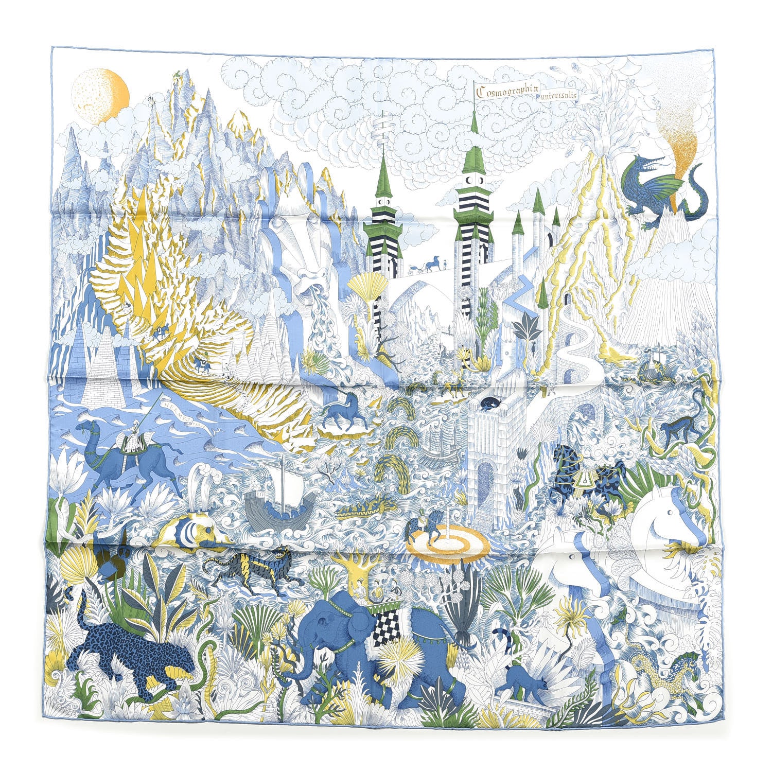 Hermes Silk Cosmographia Universalis Scarf 90 White Bleu Vert 1 of 3