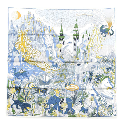 Hermes Silk Cosmographia Universalis Scarf 90 White Bleu Vert 1 of 3