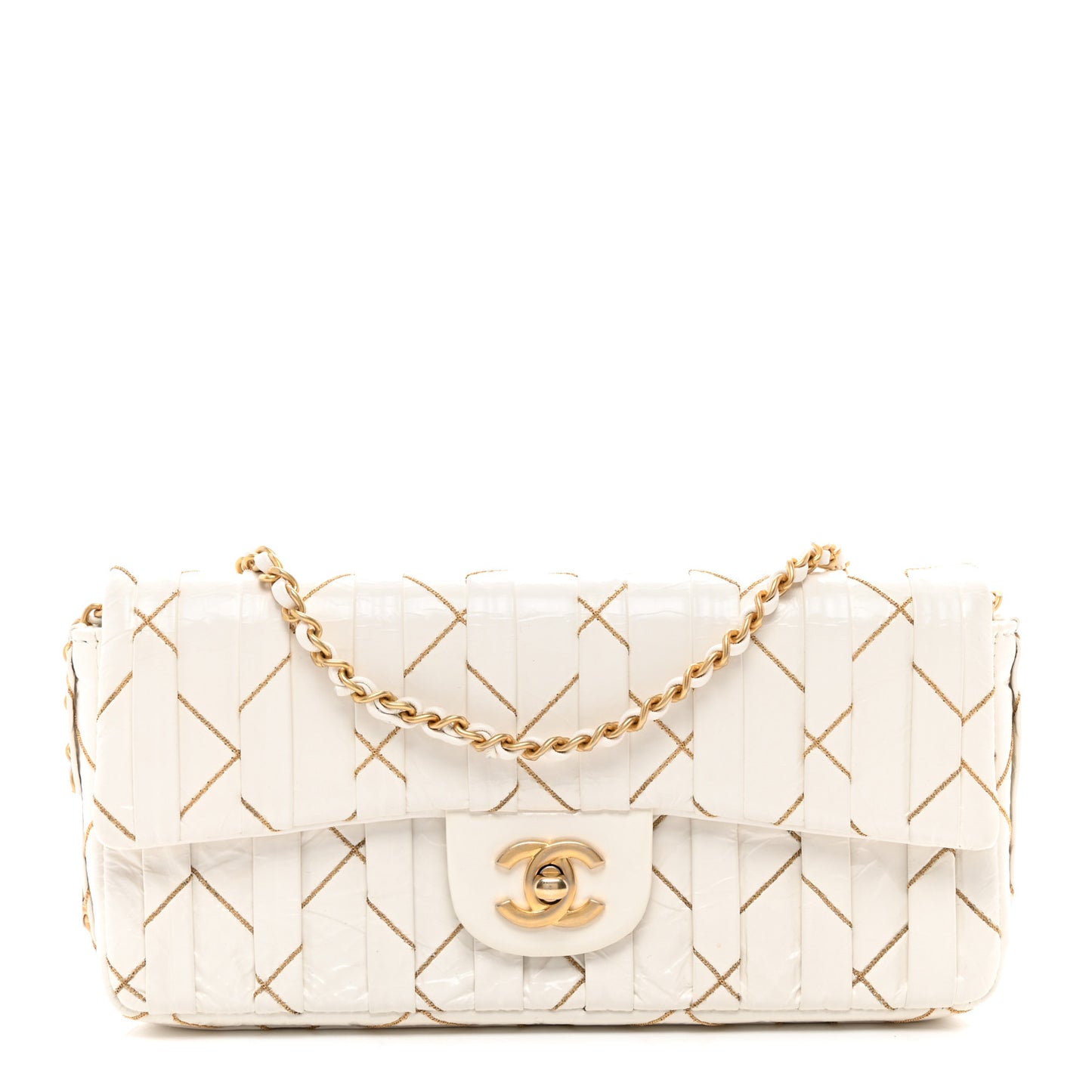 Glazed Calfskin Pleated Chain Stitch East West Flap White