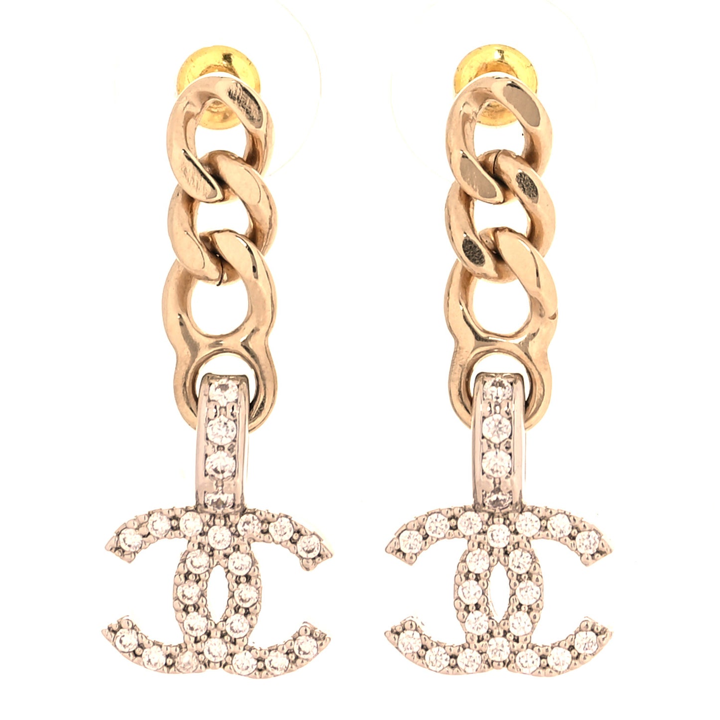 Metal Crystal CC Chain Drop Earrings Gold