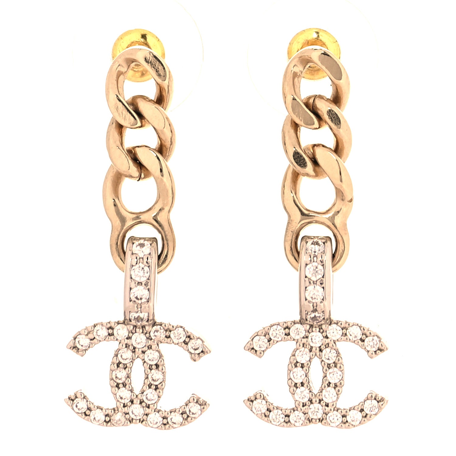 Chanel Metal Crystal CC Chain Drop Earrings Gold 1 of 4