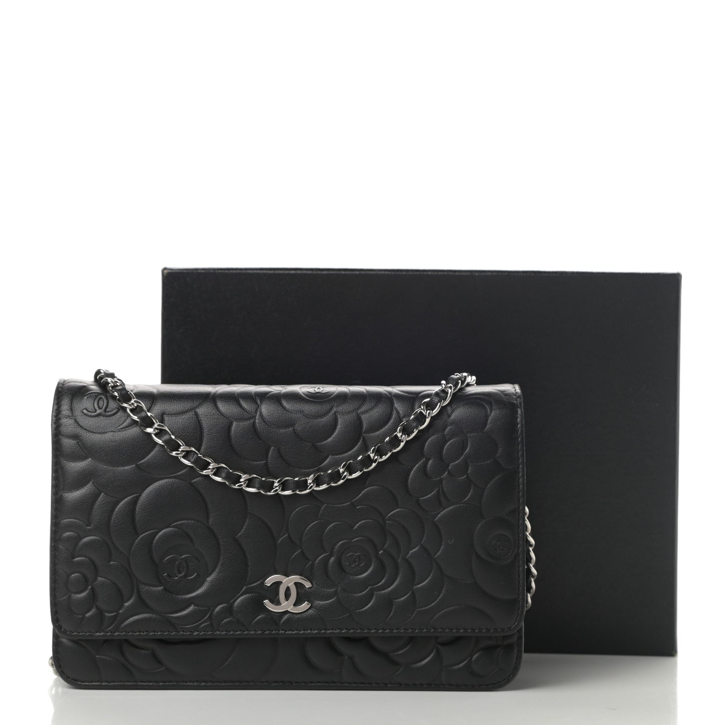 Lambskin Camellia Embossed Wallet on Chain WOC Black