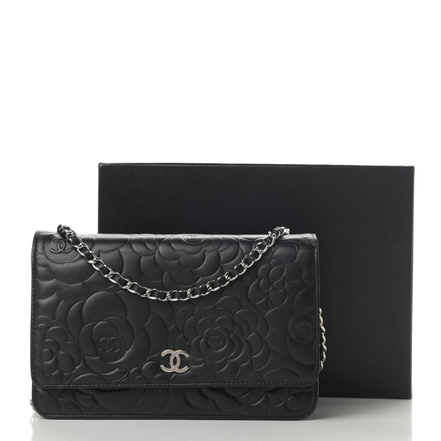 Chanel Lambskin Camellia Embossed Wallet on Chain WOC Black 13 of 13