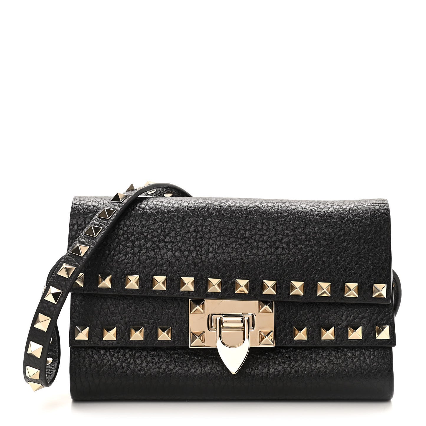 Grainy Calfskin Rockstud Double Flap Crossbody Bag Black