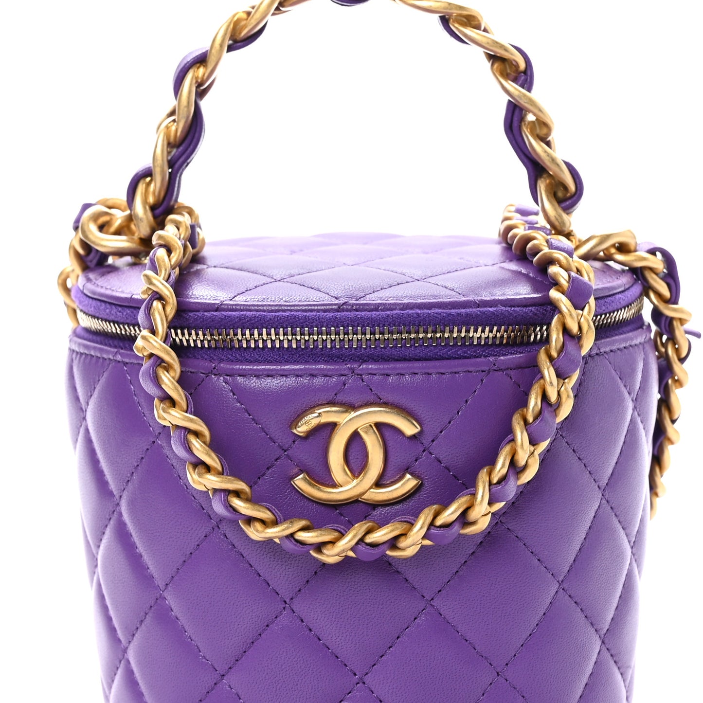 Lambskin Quilted Afternoon Tea Top Handle Vanity With Chain Purple