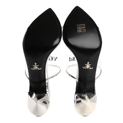 Prada Plexiglass Metallic Calfskin Metal Triangle Logo 75mm Slide Sandals 39 Argento 6 of 9