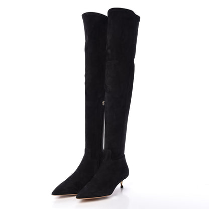Valentino Garavani Suede Thigh High Kitten Heel Boots 37.5 Black 2 of 6