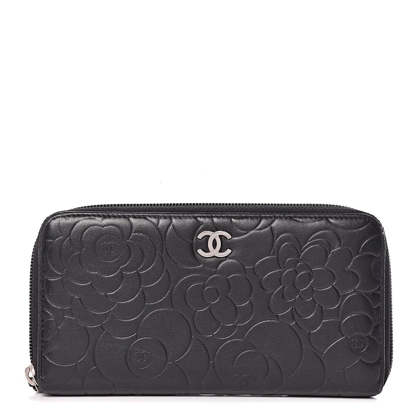 Lambskin Camellia Embossed Large Zip Around Gusset Wallet Black