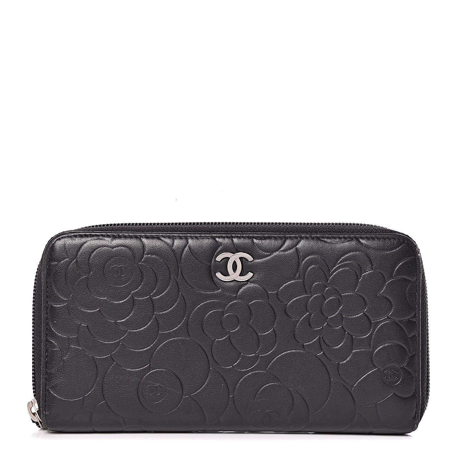 Chanel Lambskin Camellia Embossed Large Zip Around Gusset Wallet Black 1 of 14