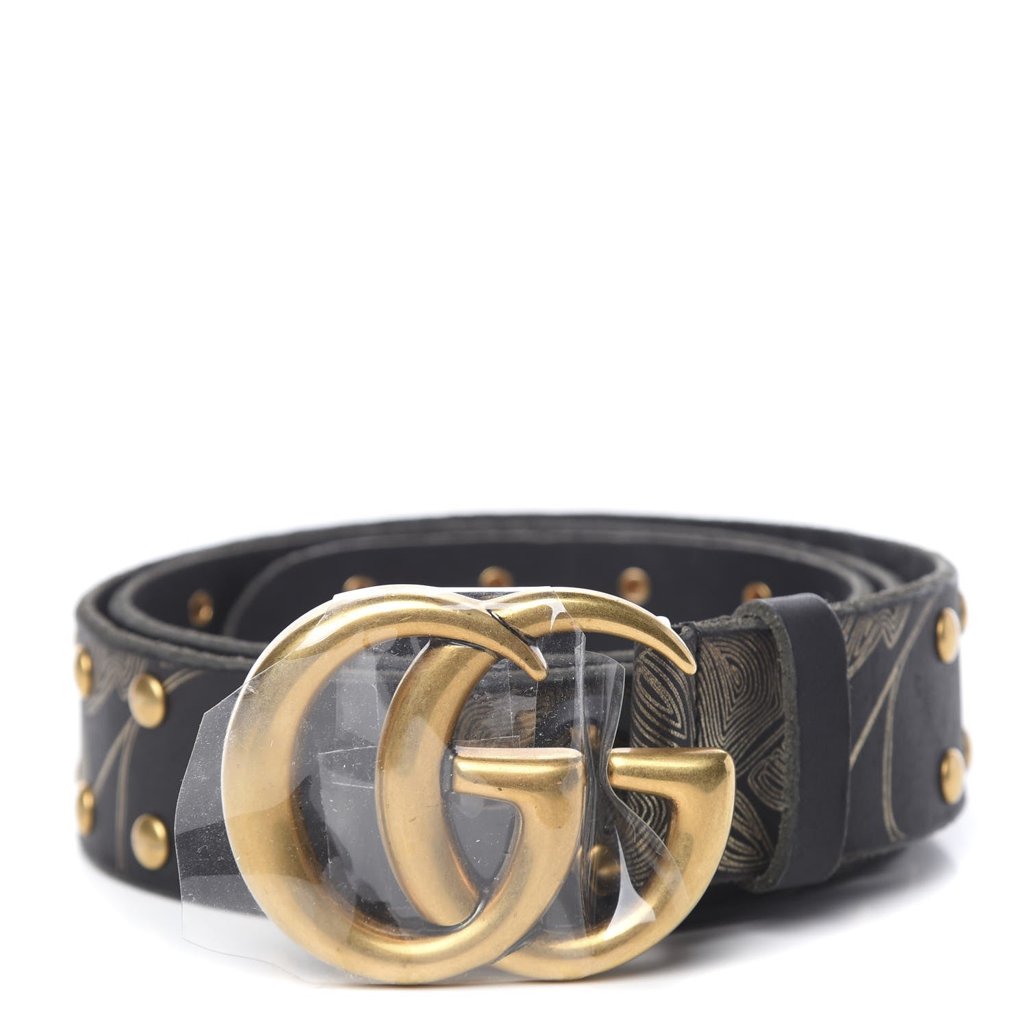 Gucci Calfskin Leaf Print Studded Double G 40mm Belt 95 38 Black Gold 1 of 5