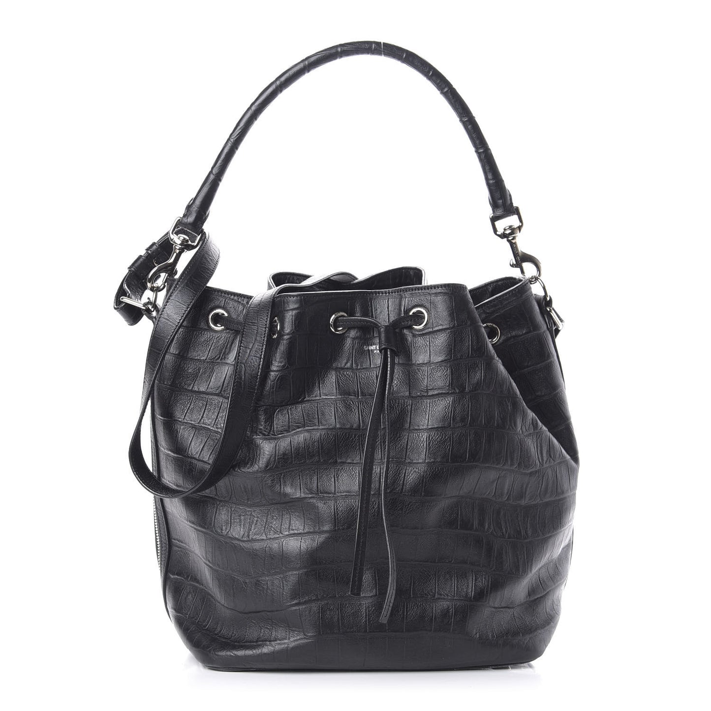 Calfskin Crocodile Embossed Large Emmanuelle Bucket Bag Black
