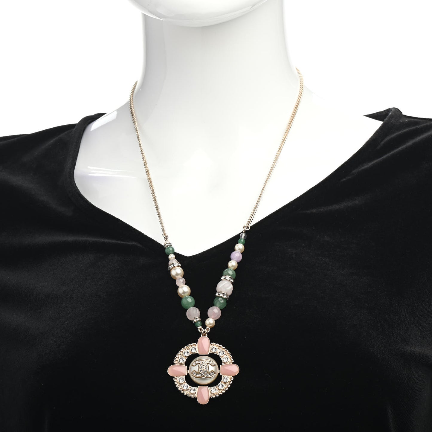 Crystal Pearl Gripoix Poured Glass Necklace Gold Green White Pink