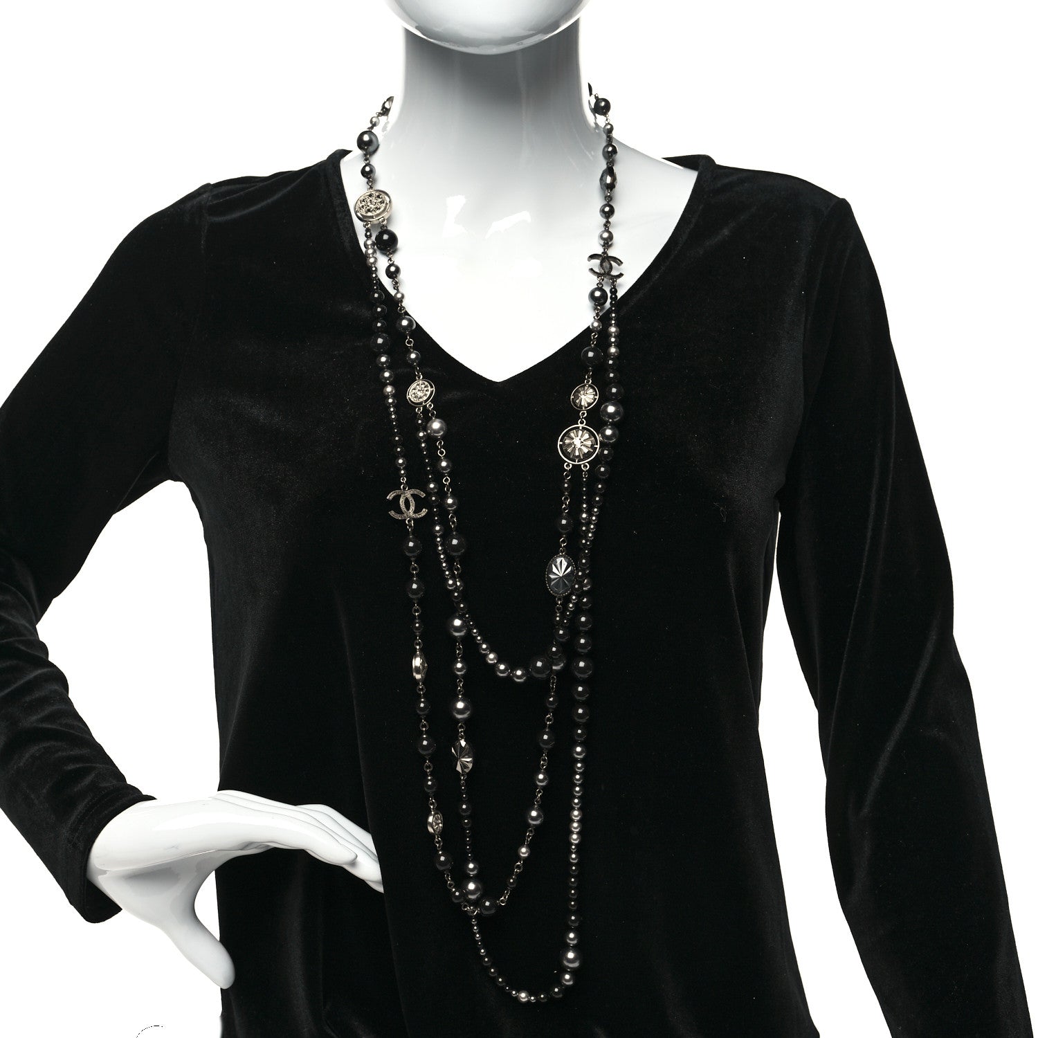 Chanel Pearl Crystal Beaded CC Multi Strand Long Necklace Black Silver 2 of 5