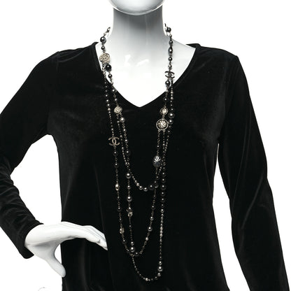 Chanel Pearl Crystal Beaded CC Multi Strand Long Necklace Black Silver 2 of 5