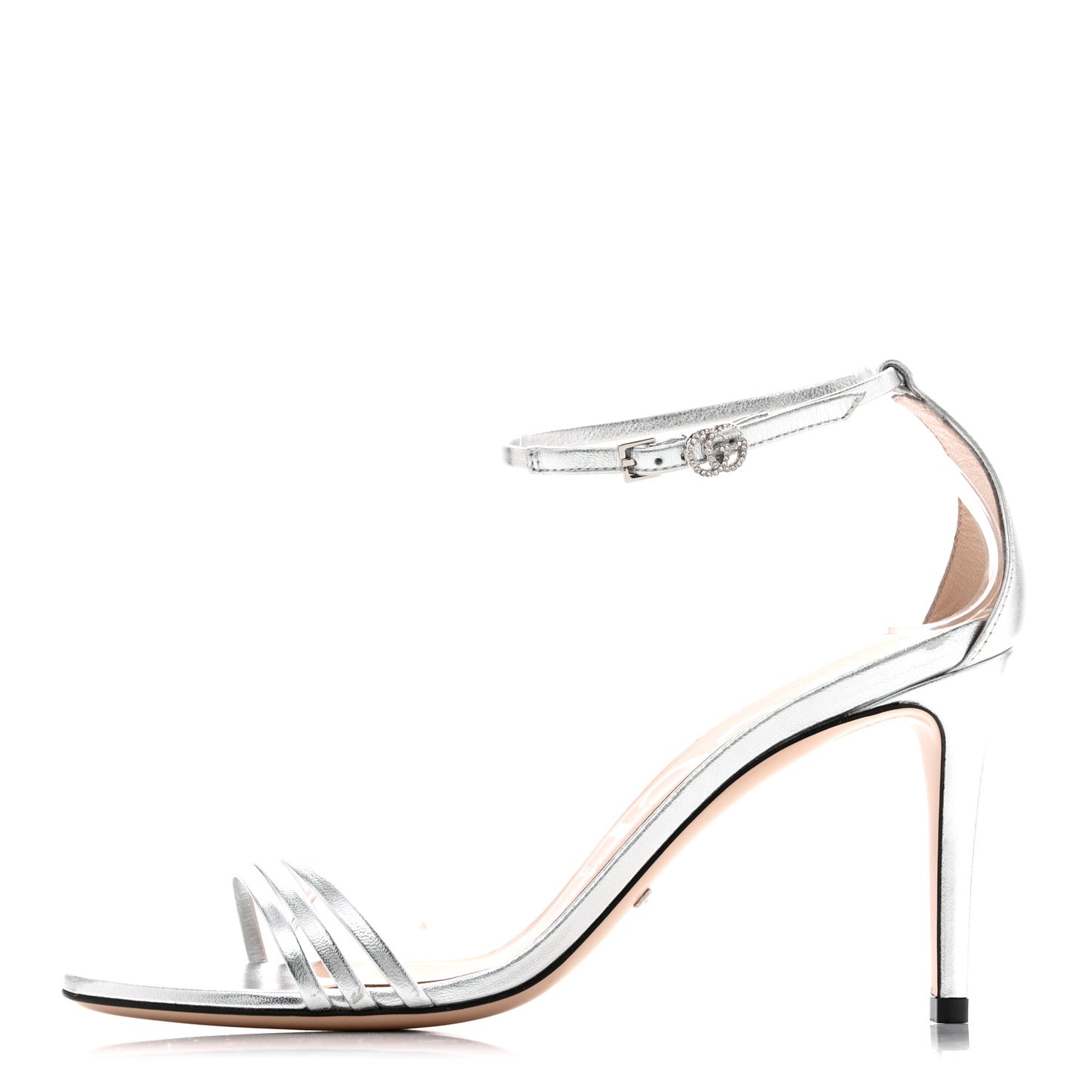 Nappa Silk Crystal GG Ankle Strap High Heel Sandals 38.5 Argento