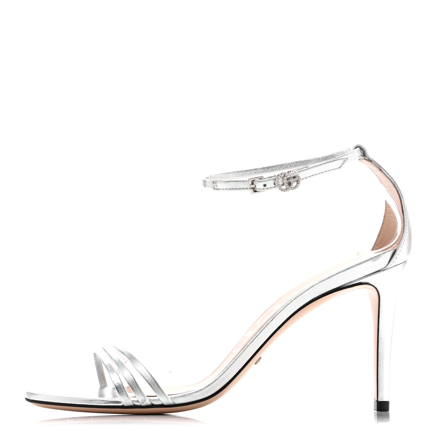 Gucci Nappa Silk Crystal GG Ankle Strap High Heel Sandals 38.5 Argento 1 of 13