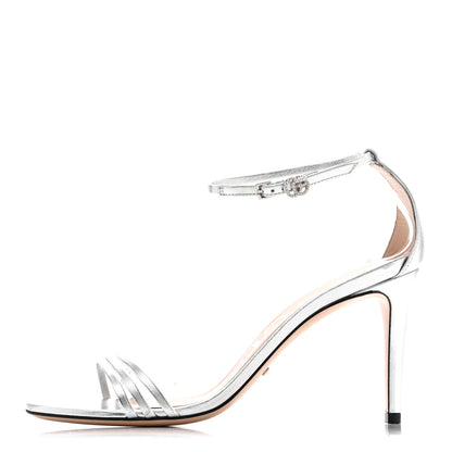 Gucci Nappa Silk Crystal GG Ankle Strap High Heel Sandals 38.5 Argento 1 of 13