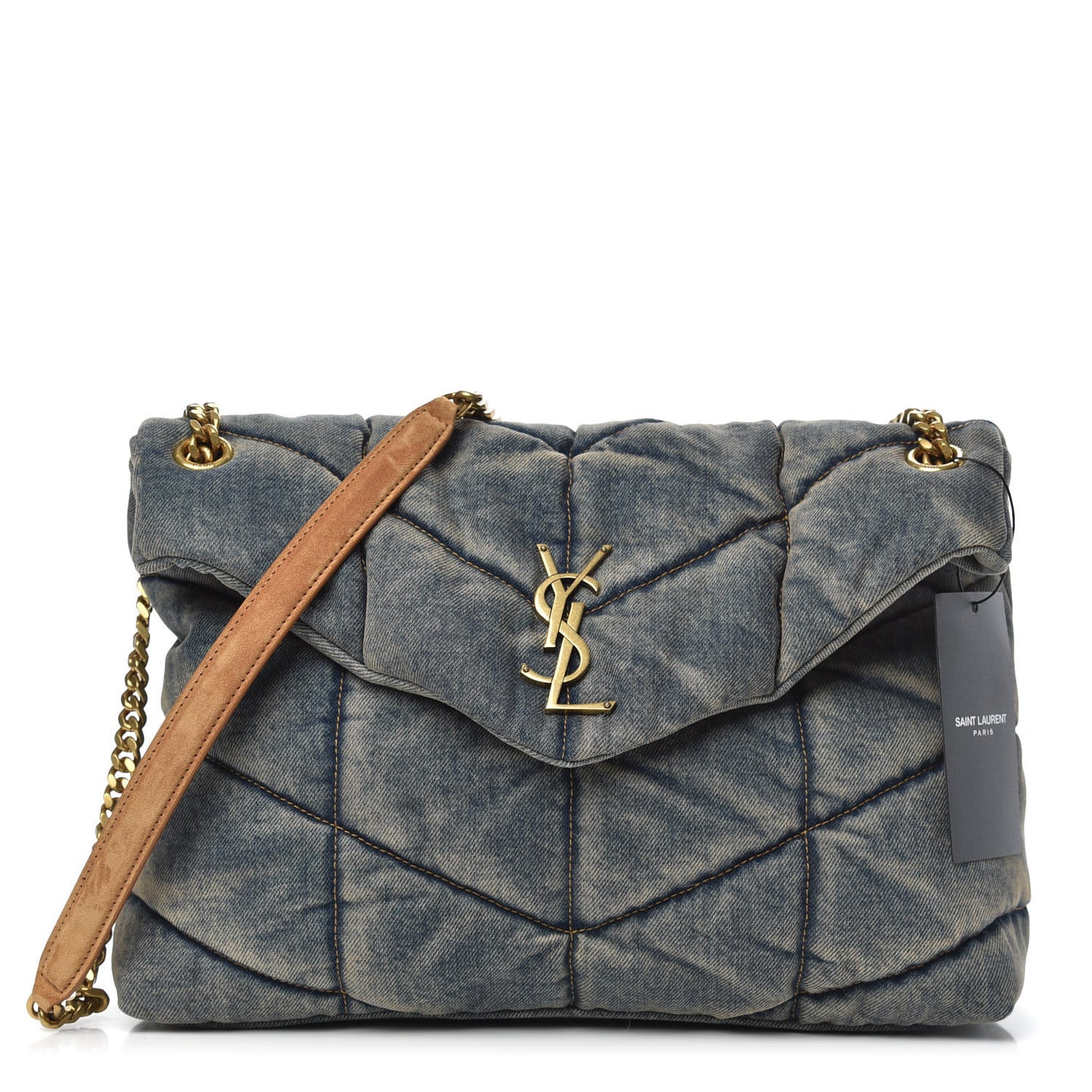 Denim Quilted Medium Loulou Puffer Monogram Chain Satchel Blue Cinnamon