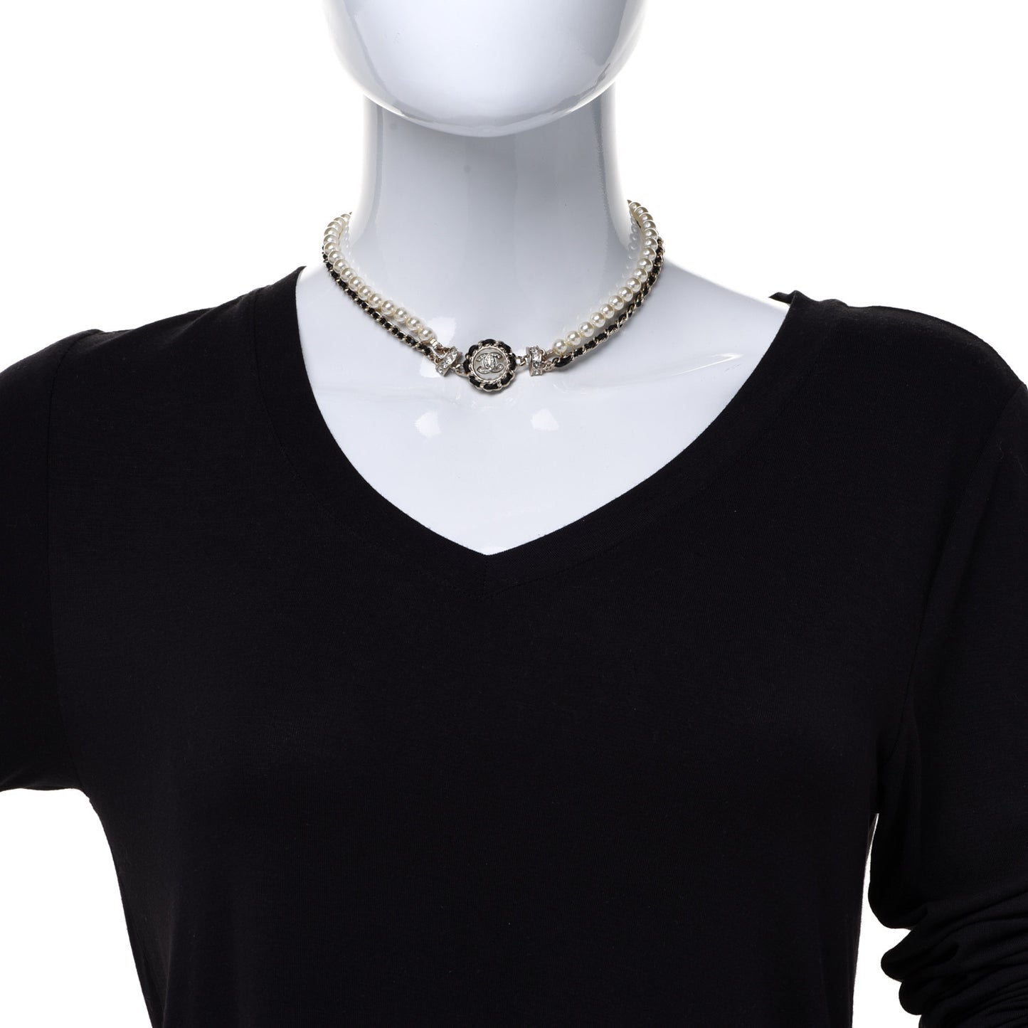 Pearl Crystal Lambskin CC Choker Gold Black