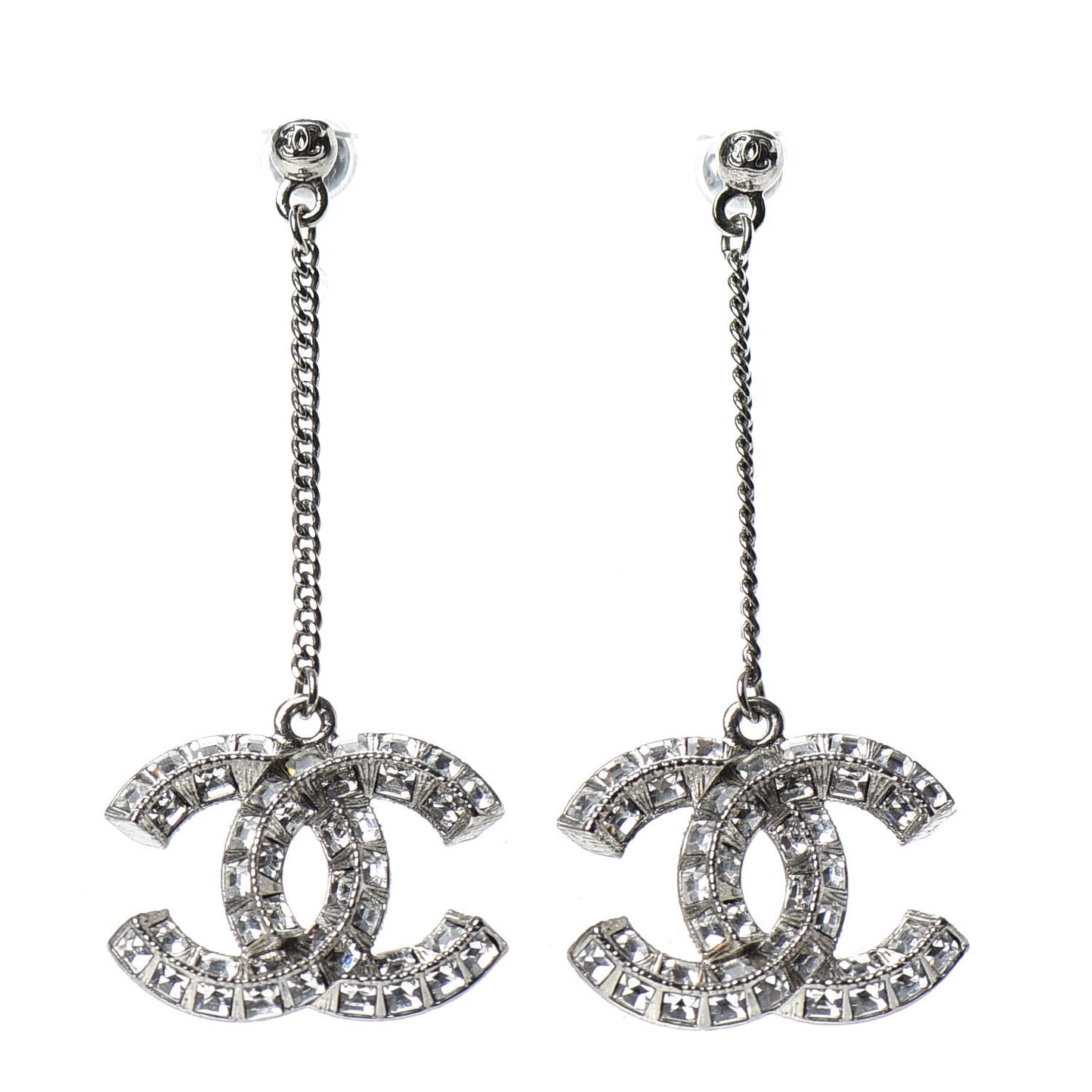 Baguette Crystal CC Drop Earrings Silver