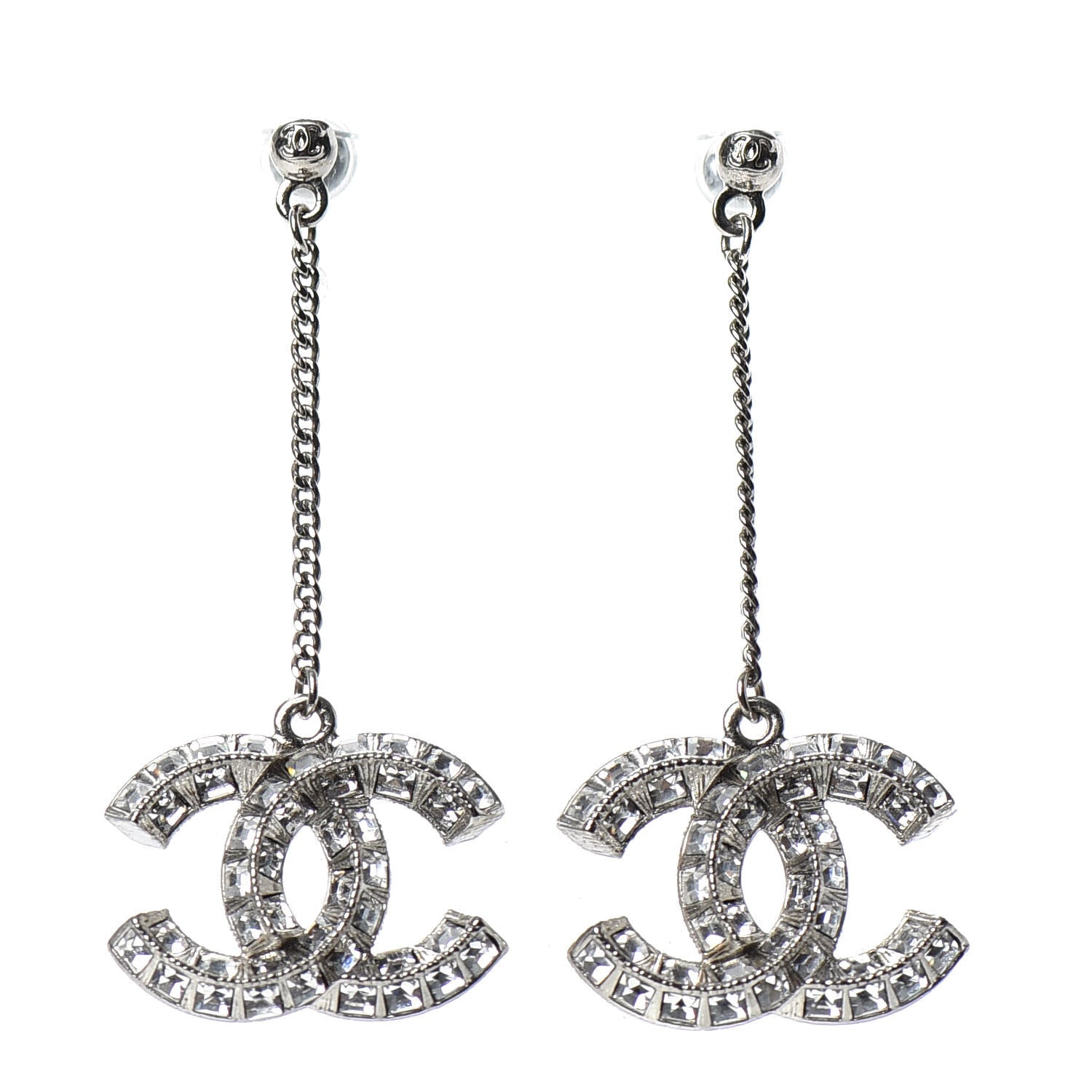Chanel Baguette Crystal CC Drop Earrings Silver 1 of 4