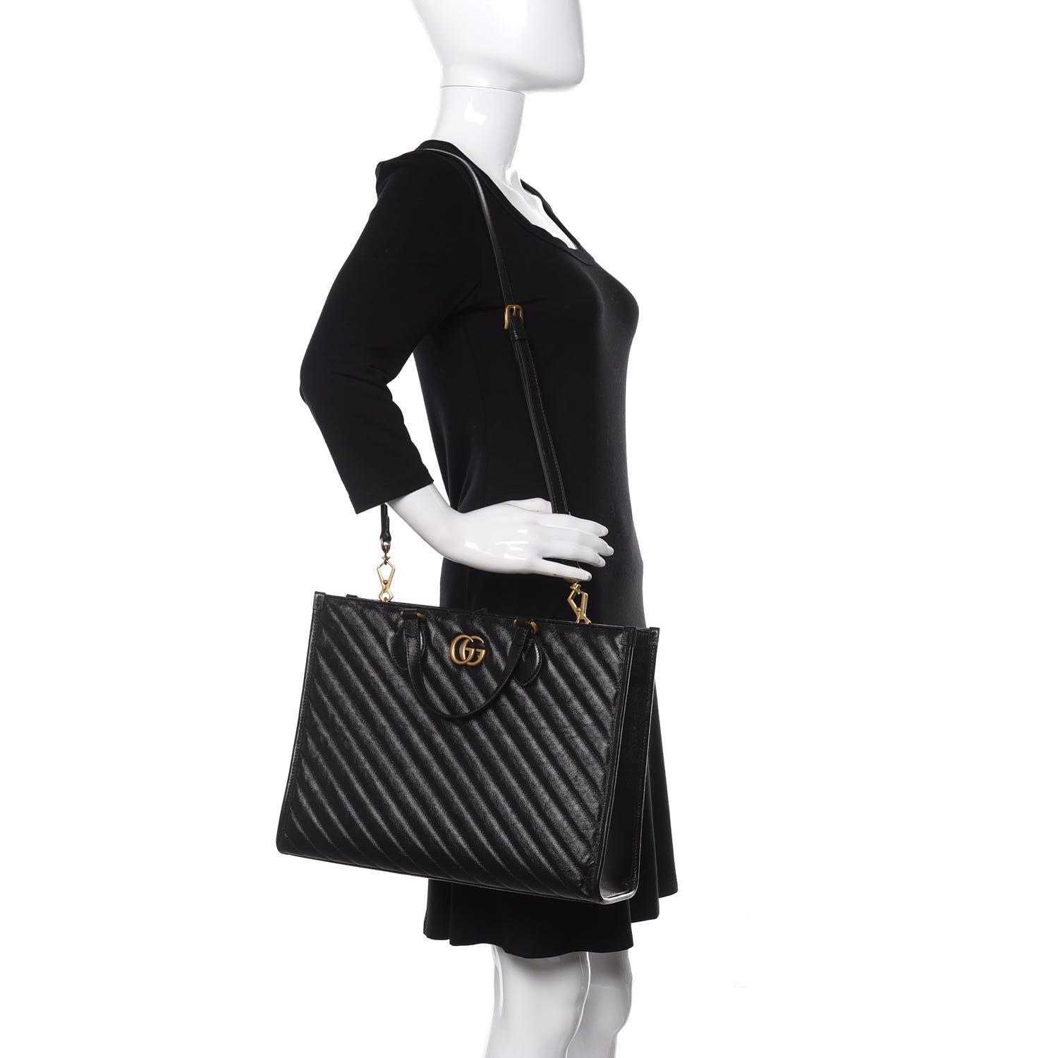 Gucci Azalea Calfskin Matelasse Diagonal GG Marmont Tote Bag Black 2 of 9