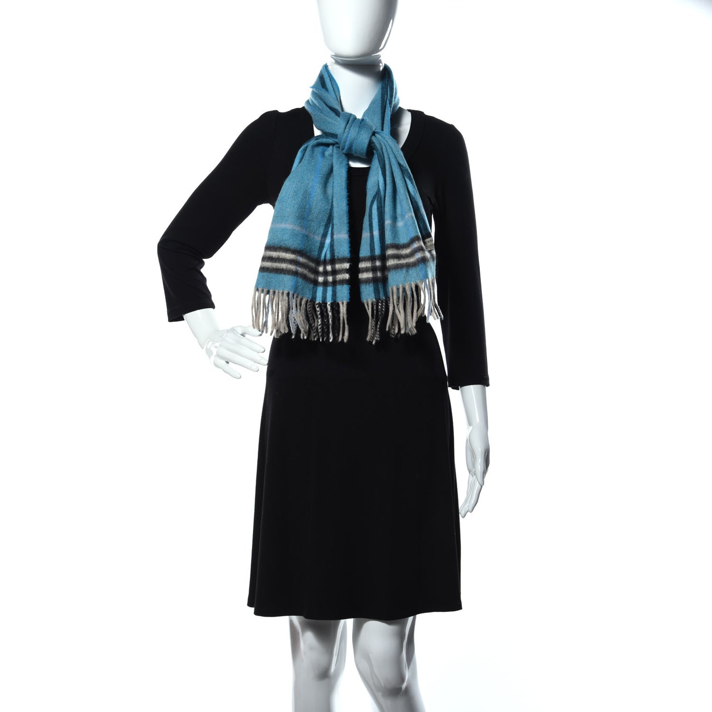 Cashmere Wool Check Fringe Scarf Blue