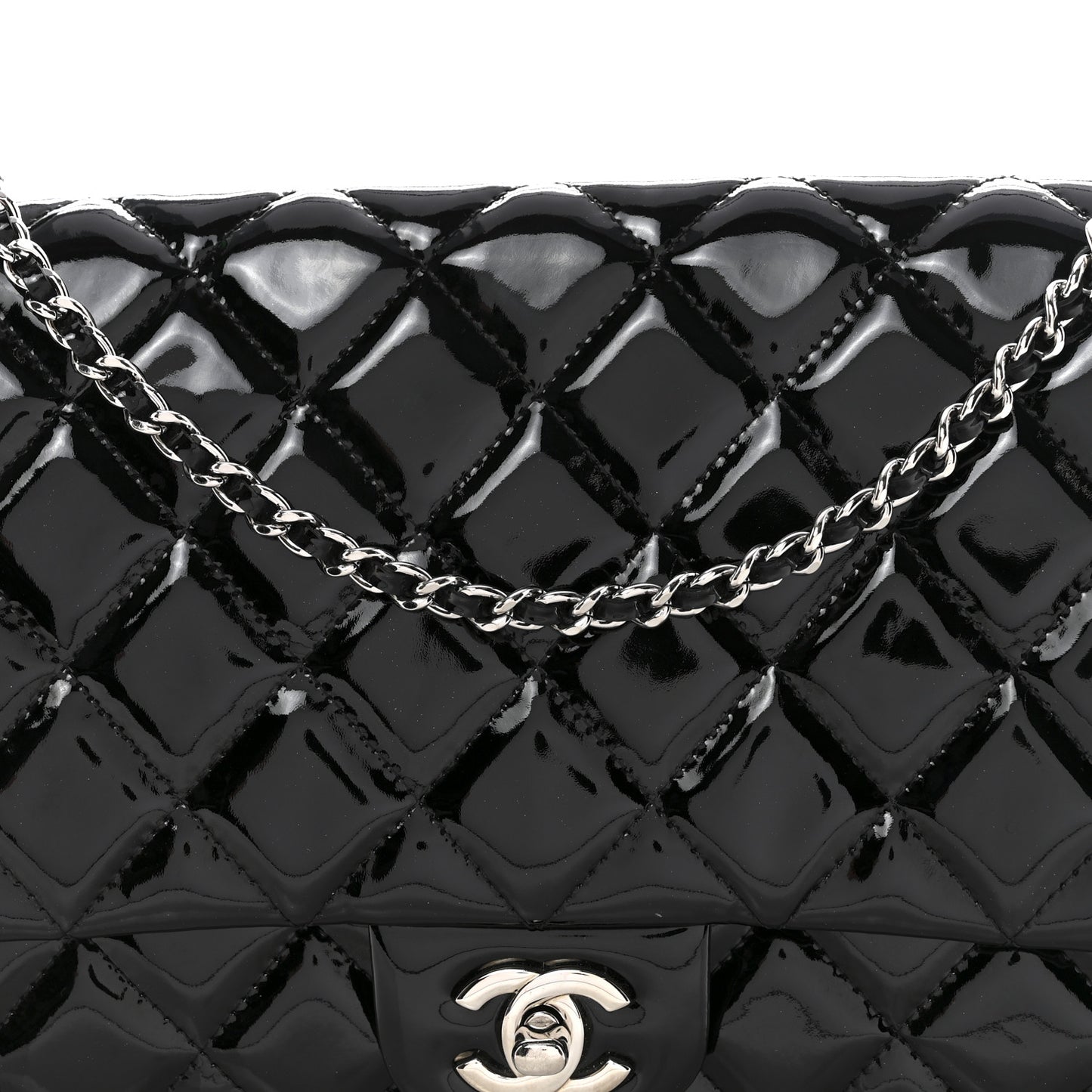 Patent Quilted Clutch with Chain Flap Black