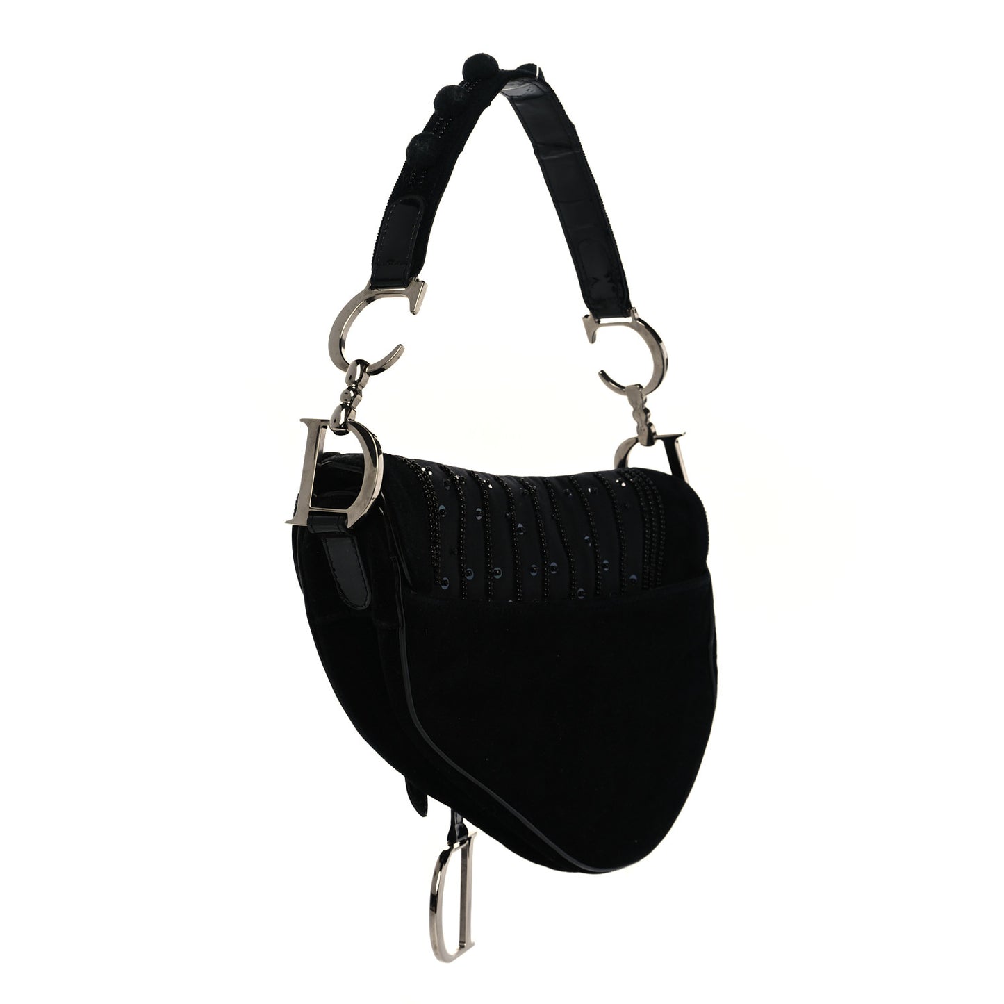Velvet Nylon Pom Pom Saddle Bag Black